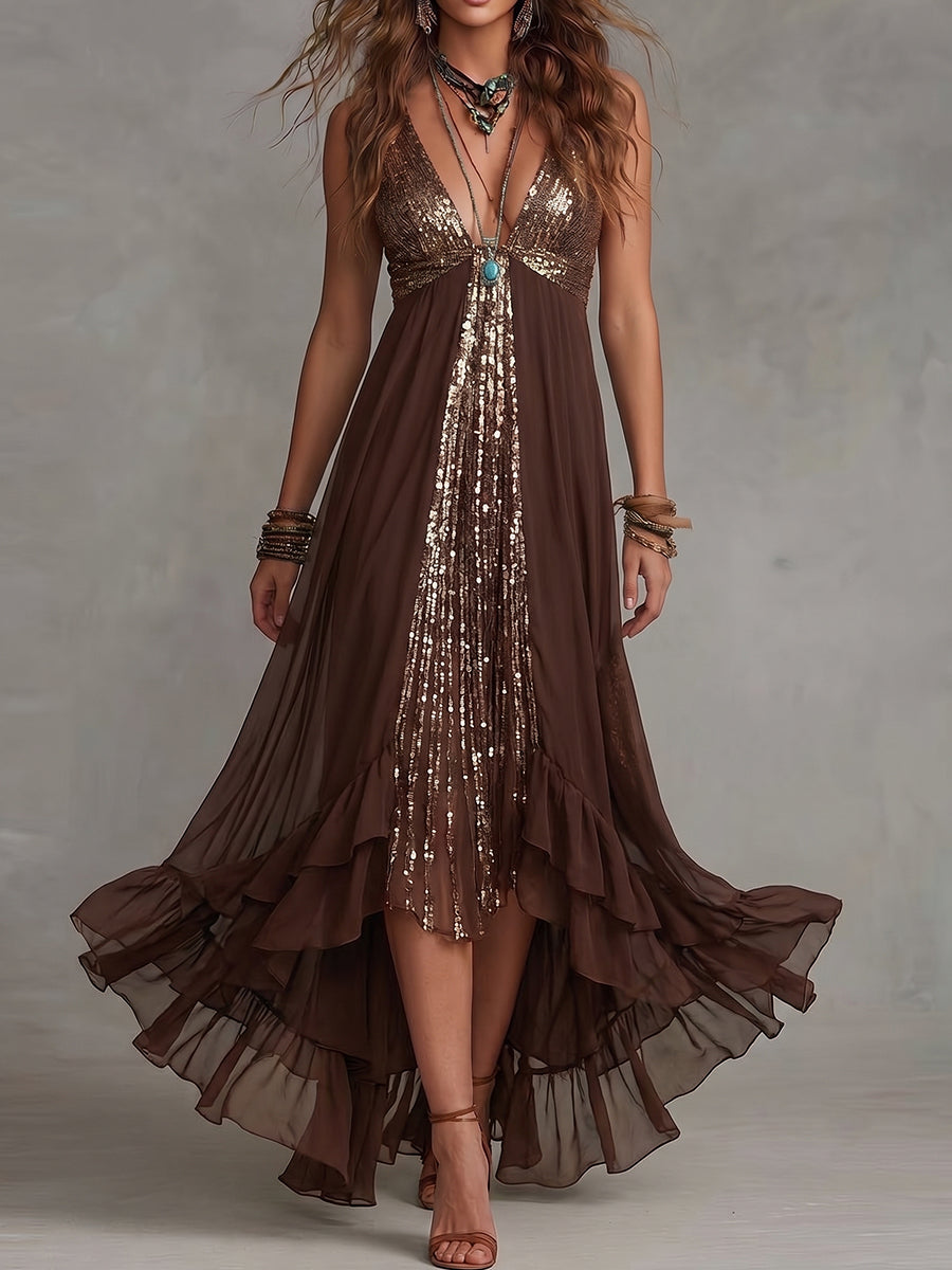 Brown Sequin Fringe Deep V-Neck Maxi Dress