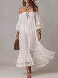 White Off-Shoulder Lace Trim Tiered Maxi Dress