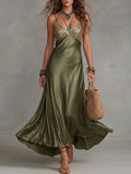 Olive Green Sequin Bodice Satin Slip Maxi Dress