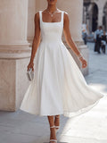 White Square Neck Flared A-Line Midi Dress
