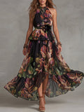 Dark Floral Peplum Waist Halter Maxi Dress