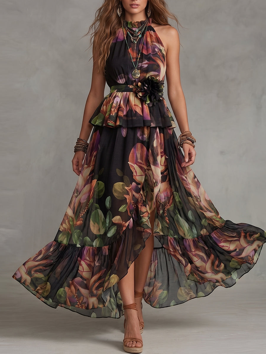 Dark Floral Peplum Waist Halter Maxi Dress