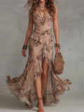 Botanical Print Cowl Neck Ruffle Maxi Dress