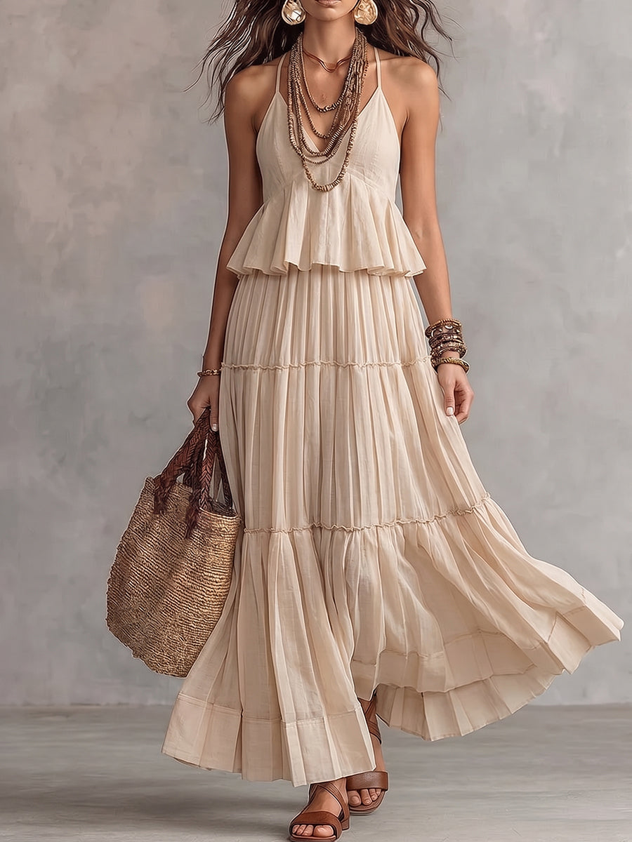 Beige Tiered Pleated Halter Maxi Dress