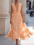 Peach Ruffle Trim Deep V-Neck Maxi Dress
