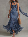 Dusty Blue Butterfly Applique Scarf Maxi Dress