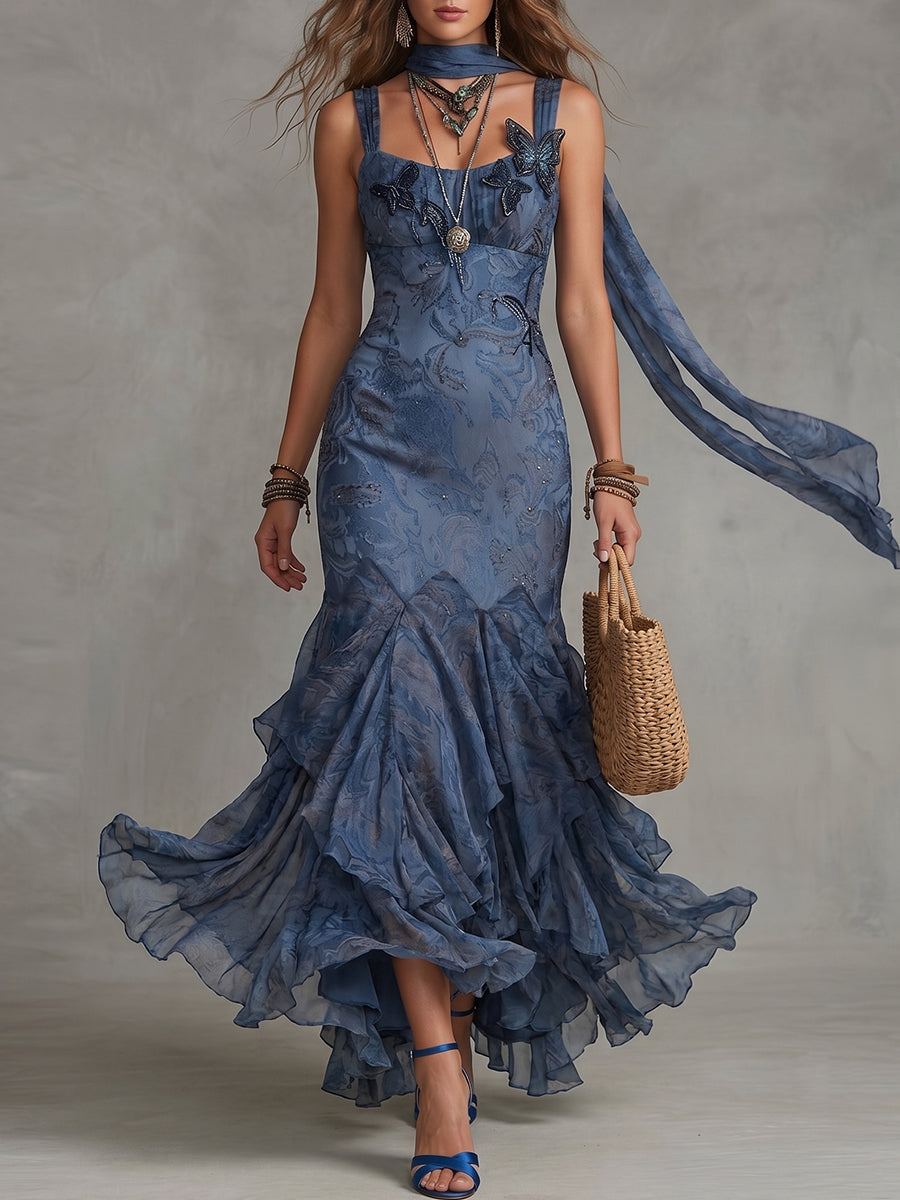 Dusty Blue Butterfly Applique Scarf Maxi Dress