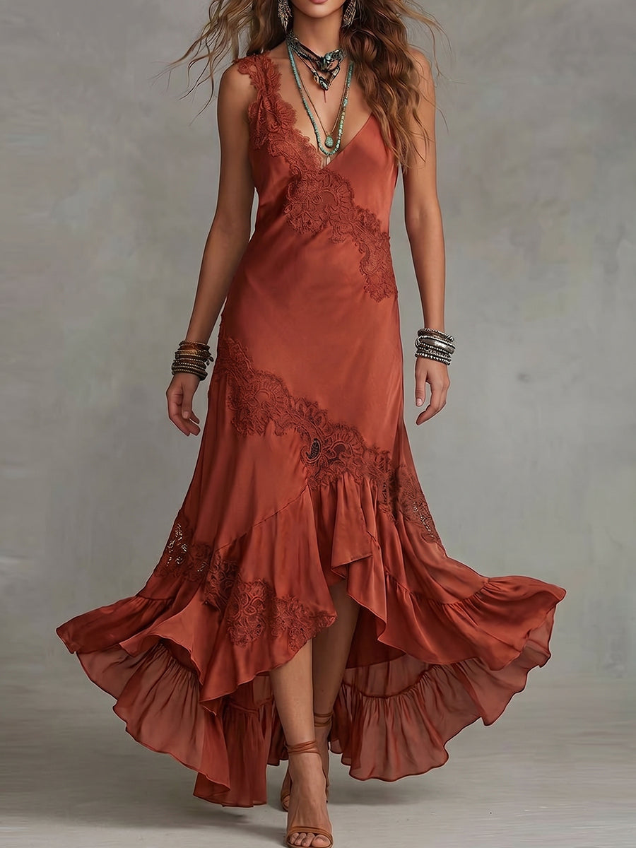 Terracotta Lace Applique High-Low Slip Dress