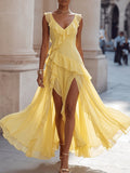 Yellow Ruffle Trim Asymmetrical High-Low Dress