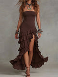 Chocolate Brown Strapless Tiered Ruffle Maxi Dress