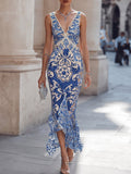 Blue And White Paisley Print V-Neck Mermaid Dress