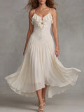 Cream White Ruffle Trim Spaghetti Strap Midi Dress