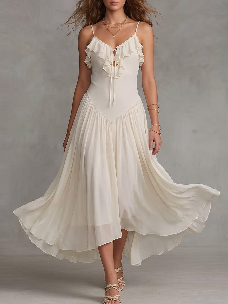 Cream White Ruffle Trim Spaghetti Strap Midi Dress