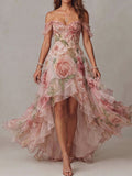 Pink Floral Off-Shoulder Ruffle High-Low Dress