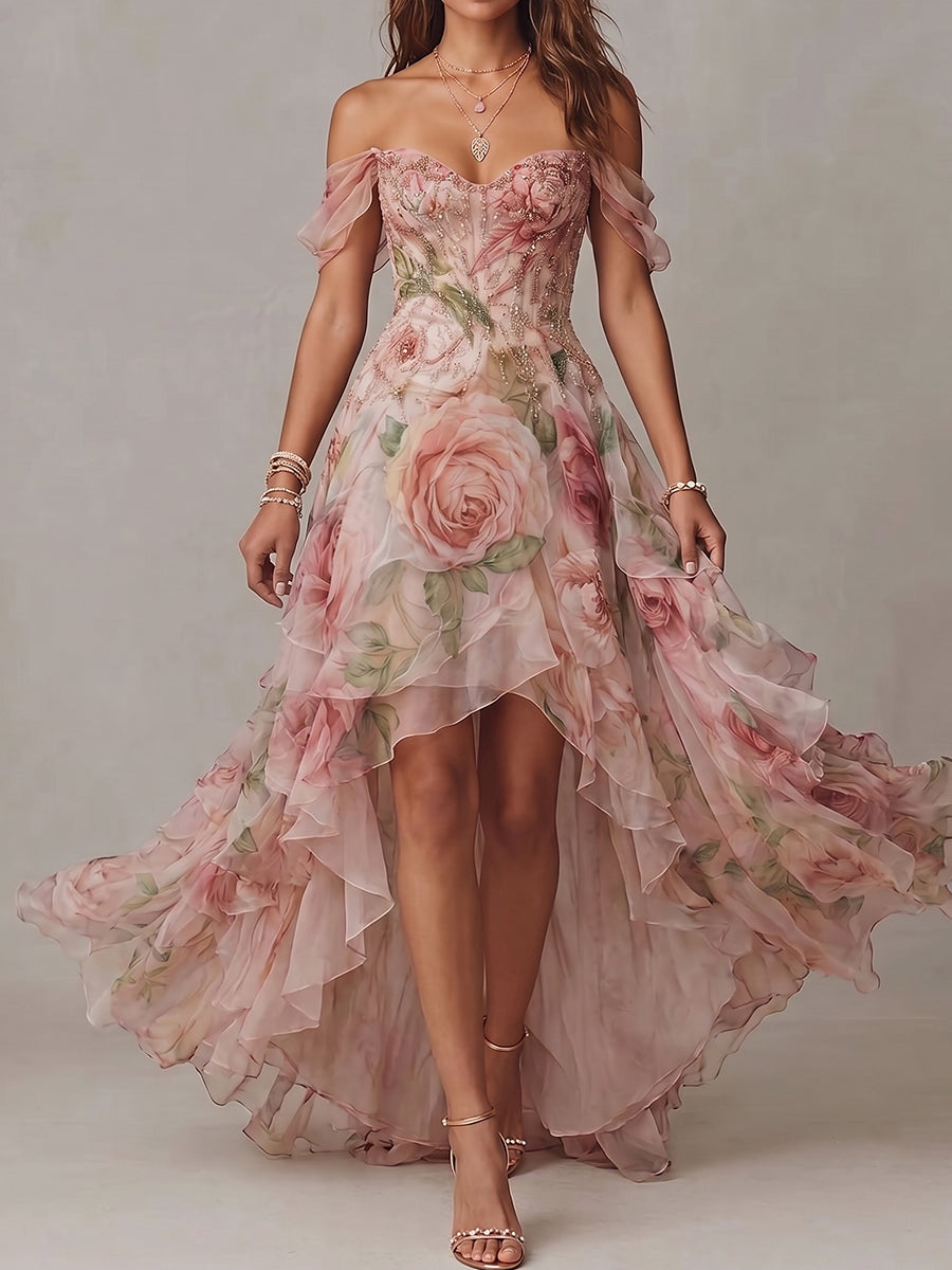Pink Floral Off-Shoulder Ruffle High-Low Dress