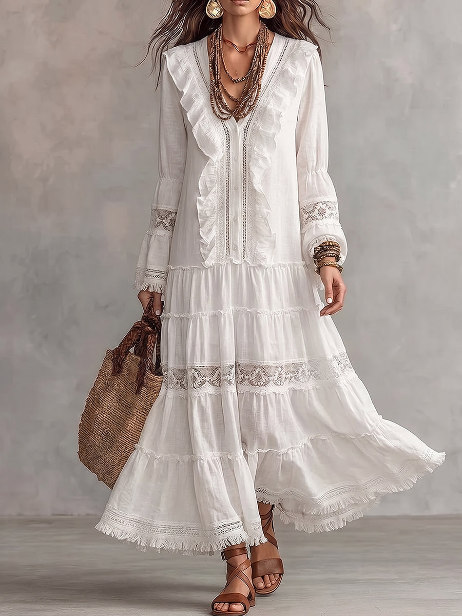 White Long Sleeve Ruffle Tiered Maxi Dress