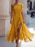 Mustard Yellow Asymmetrical One-Shoulder Ruffle Dress