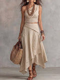 Beige Asymmetrical Crop Top And Midi Skirt Set