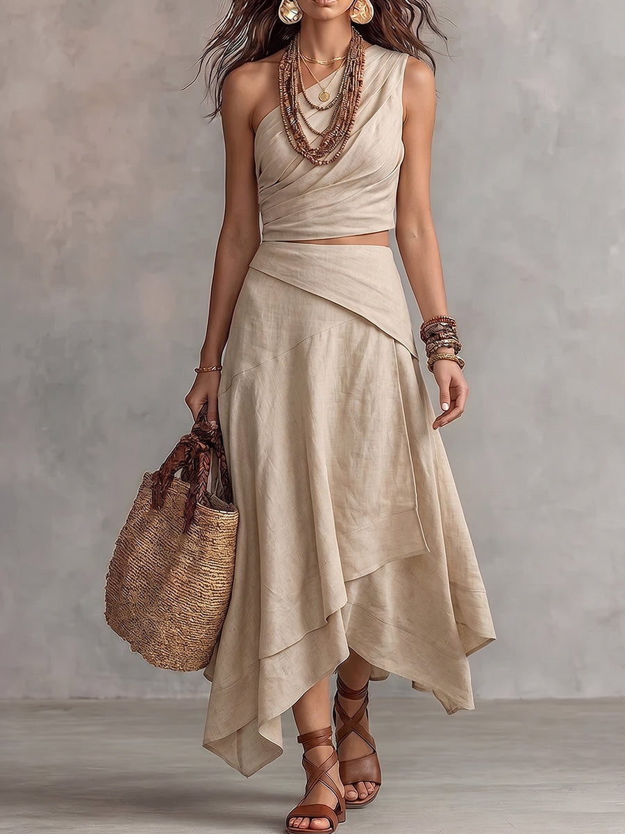 Beige Asymmetrical Crop Top And Midi Skirt Set
