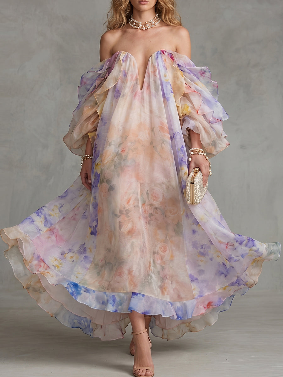 Off-Shoulder Pastel Watercolor Floral Ruffle Dress