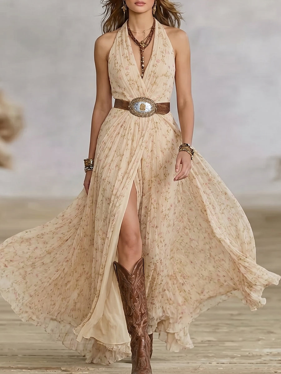 Beige Ditsy Floral Halter Western Maxi Dress