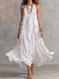 White Halter Side Ruffle Maxi Dress