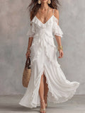White Cold-Shoulder Cascading Ruffle Maxi Dress