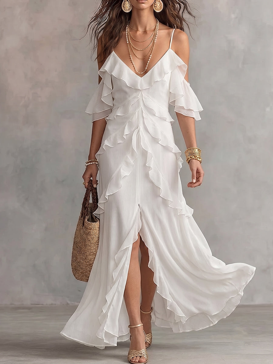 White Cold-Shoulder Cascading Ruffle Maxi Dress