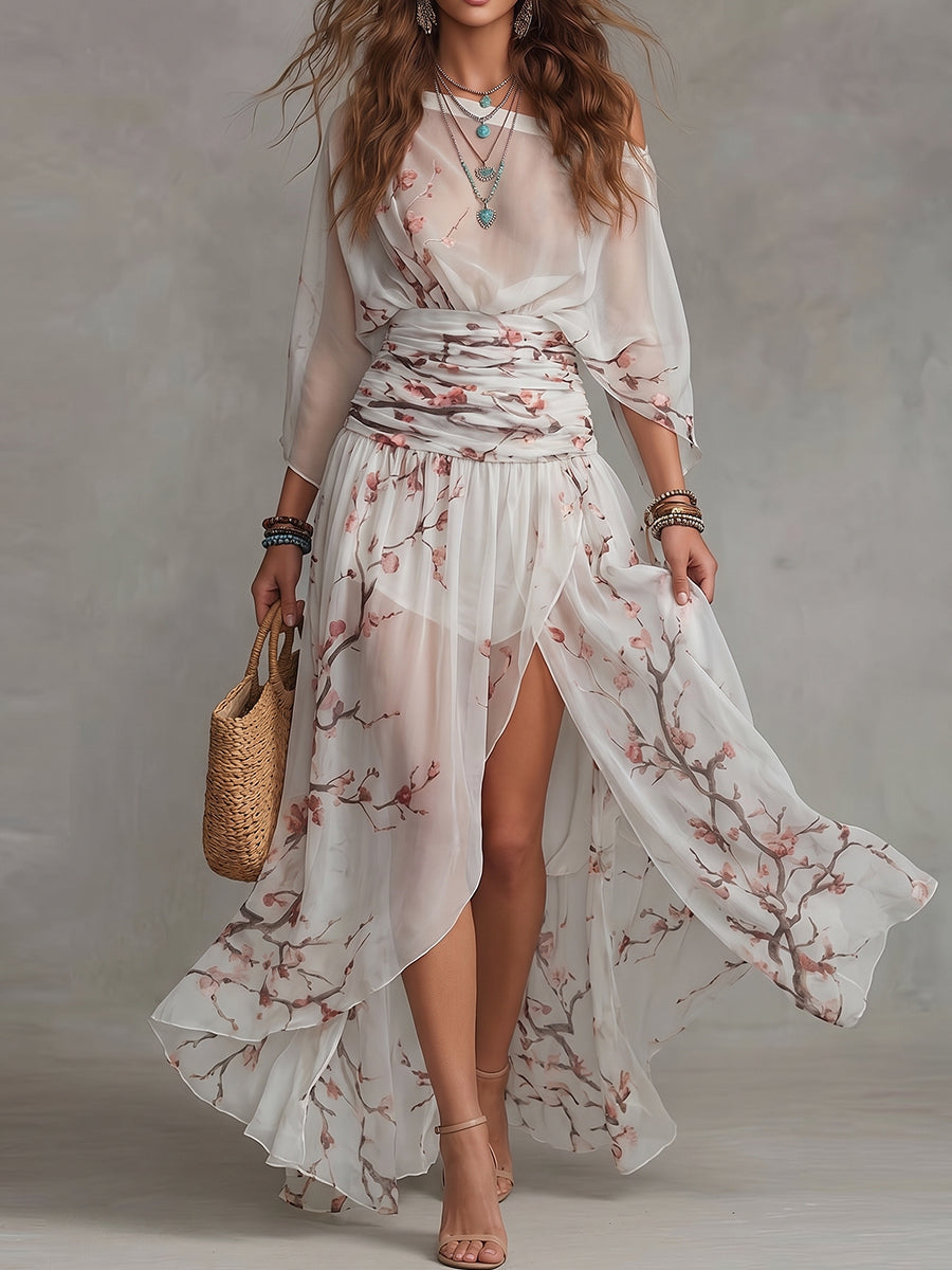 White Cherry Blossom Print Sheer Wrap Maxi Dress