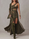 Olive Green Lace Insert Asymmetric Draped Maxi Dress