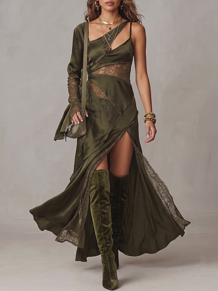 Olive Green Lace Insert Asymmetric Draped Maxi Dress
