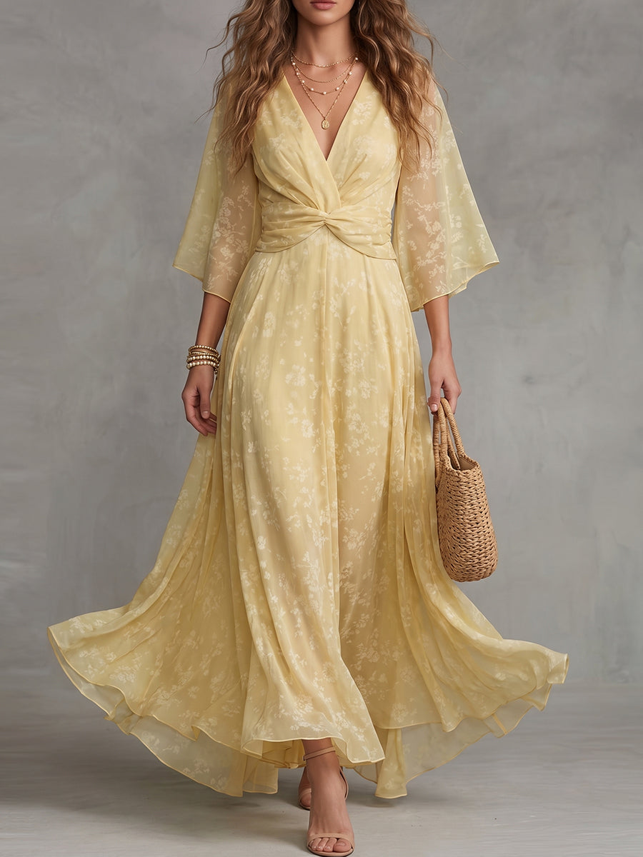Butter Yellow Twist Front Flutter Sleeve Maxi Dress