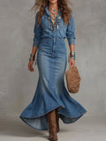 Denim Button-Down Shirt And Mermaid Maxi Skirt Set