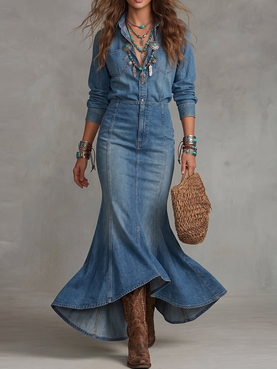 Denim Button-Down Shirt And Mermaid Maxi Skirt Set