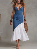 Denim And White Contrast Ruffle Hem Slip Dress