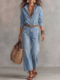 Light Wash Denim Zip-Front Long Sleeve Jumpsuit