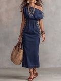 Dark Denim One-Shoulder Side Lace-Up Midi Dress