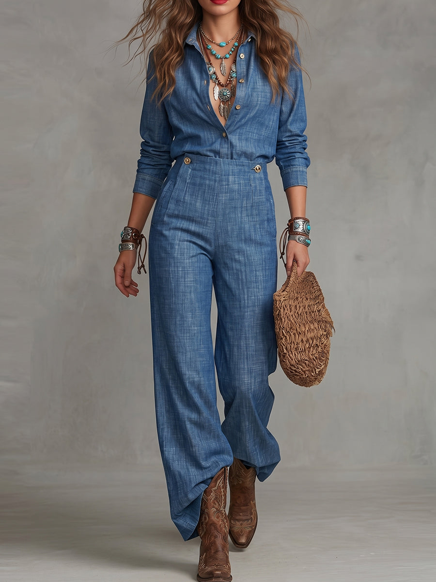 Blue Chambray Button-Down Wide-Leg Jumpsuit