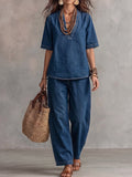 Dark Denim V-Neck Short-Sleeve Top And Pants Set
