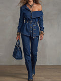 Dark Denim Asymmetric Off-Shoulder Two-Piece Set