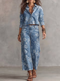 Blue Floral Printed Denim Button-Down Set
