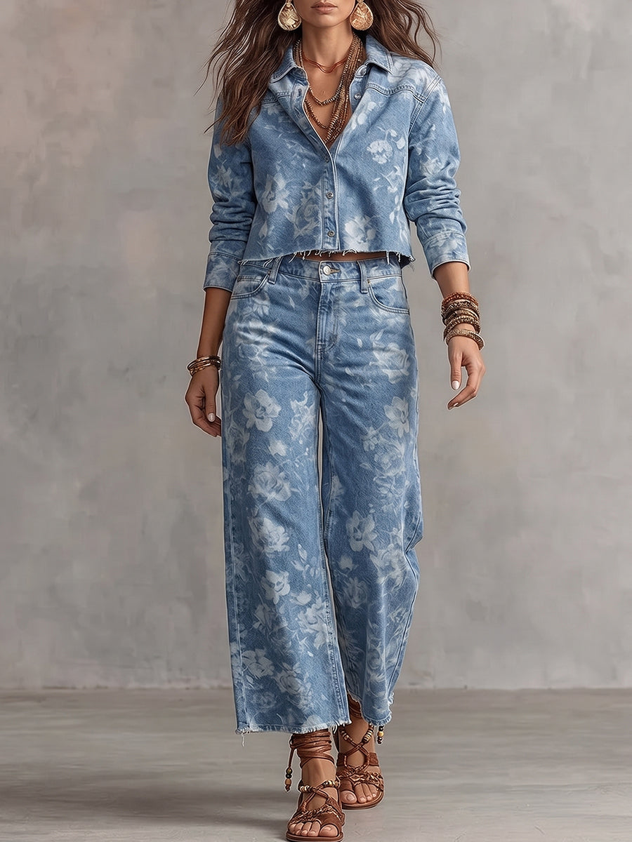 Blue Floral Printed Denim Button-Down Set