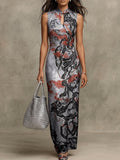 Abstract Marble Print Mandarin Collar Maxi Dress