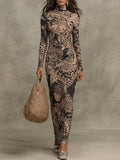 Black And Beige Botanical Print Mock Neck Dress