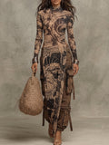 Beige Botanical Print Layered Maxi Dress