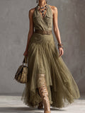 Olive Green Halter Tulle Maxi Dress
