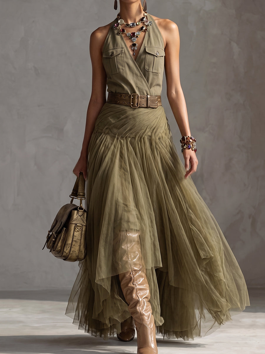 Olive Green Halter Tulle Maxi Dress