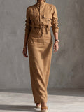 Camel Utility Shirt And Maxi Skirt Set
