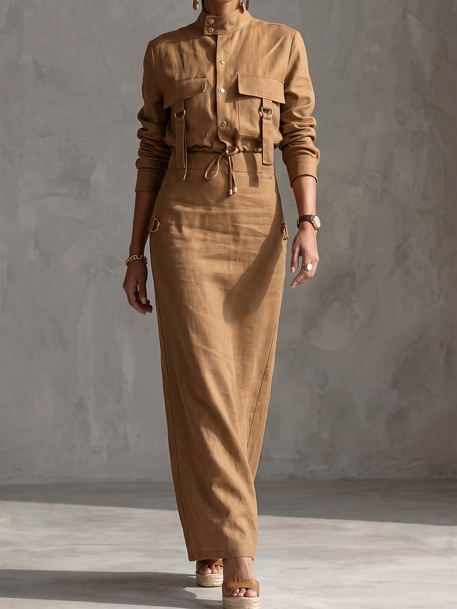 Camel Utility Shirt And Maxi Skirt Set