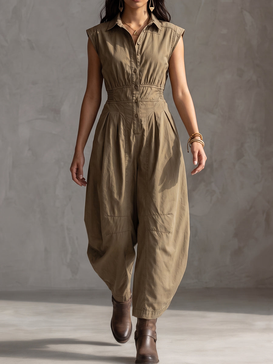 Olive Green Sleeveless Button-Up Jumpsuit